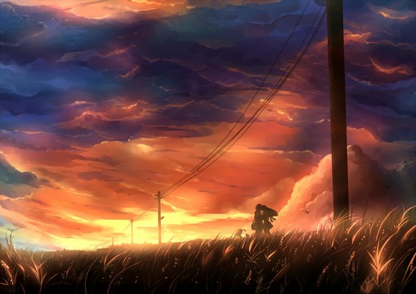 Anime picture 1052x744 with original kazeno long hair sky cloud (clouds) evening sunset landscape scenic silhouette girl boy skirt plant (plants) bag grass power lines