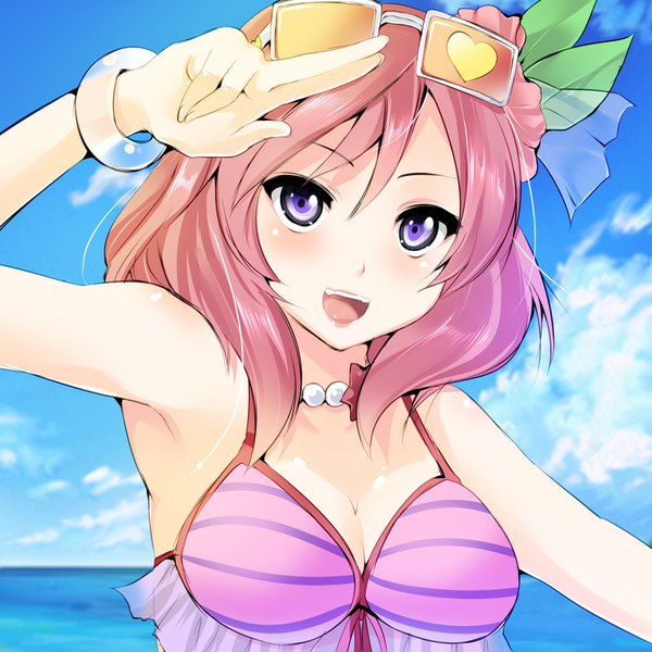 Anime picture 800x800 with love live! school idol project sunrise (studio) love live! nishikino maki maki (seventh heaven maxion) single looking at viewer blush short hair open mouth smile purple eyes pink hair sky cloud (clouds) sunglasses on head salute girl hair ornament swimsuit