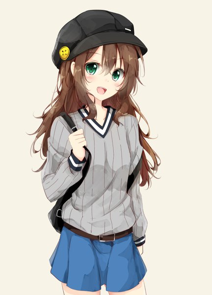 Anime picture 720x1000 with original kurottari single long hair tall image blush fringe open mouth simple background smile hair between eyes brown hair standing holding green eyes payot looking away :d pleated skirt messy hair