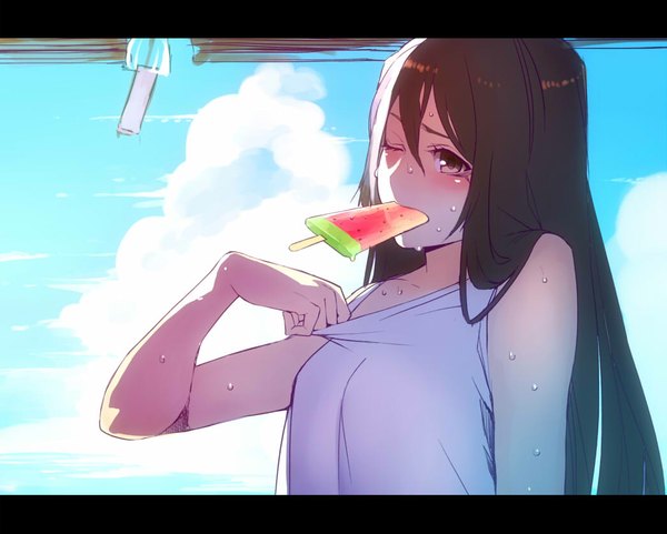 Anime picture 1045x838 with original irohara mitabi single long hair blush brown hair brown eyes sky cloud (clouds) one eye closed wink sweat letterboxed summer heat girl food sweets bell ice cream