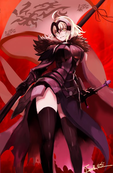 Anime picture 2480x3779 with fate (series) fate/grand order jeanne d'arc (fate) (all) jeanne d'arc alter (fate) corn (pixiv5092094) single tall image highres short hair breasts light erotic blonde hair large breasts standing holding yellow eyes ahoge dated girl thighhighs
