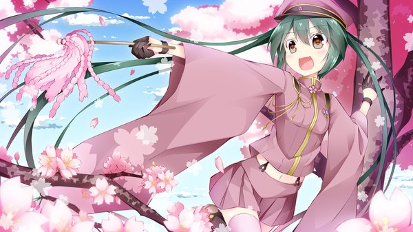 Anime picture 1920x1080 with vocaloid senbonzakura (vocaloid) hatsune miku inumine aya single highres open mouth wide image twintails brown eyes sky cloud (clouds) very long hair green hair wide sleeves bare belly cherry blossoms outstretched arm girl thighhighs