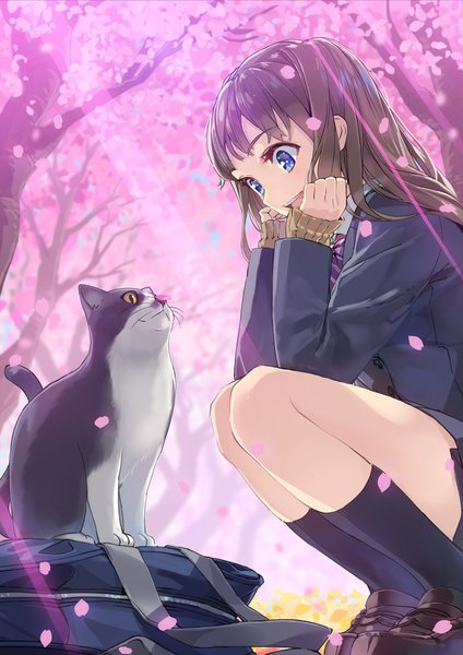 Anime picture 750x1061 with original yahako single long hair tall image open mouth blue eyes smile brown hair bent knee (knees) outdoors sunlight cherry blossoms sleeves past wrists looking down happy squat spring girl uniform