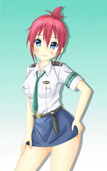 Anime picture 500x800 with rail wars! sakurai aoi tear yu single tall image looking at viewer blush fringe short hair breasts open mouth blue eyes light erotic simple background smile pink hair hand on hip girl skirt uniform