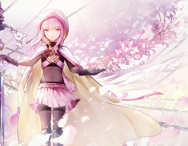 Anime picture 1049x815 with mahou shoujo madoka magica magia record: mahou shoujo madoka magica gaiden shaft (studio) tamaki iroha bai qi-qsr single long hair looking at viewer fringe smile standing payot pink hair blunt bangs pleated skirt pink eyes covered navel girl skirt gloves