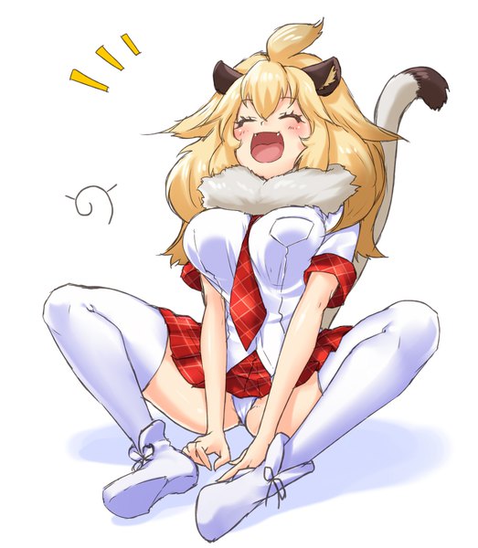 Anime picture 976x1120 with kemono friends lion (kemono friends) kokorozashi nami single long hair tall image blush breasts light erotic simple background blonde hair large breasts white background sitting animal ears full body tail eyes closed animal tail fang (fangs)