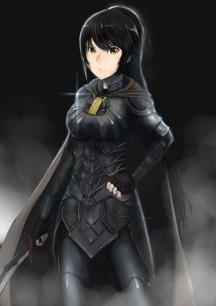 Anime picture 1600x2262 with the elder scrolls the elder scrolls v: skyrim original swordwaltz single long hair tall image looking at viewer black hair brown eyes ponytail dark background girl weapon sword armor cloak