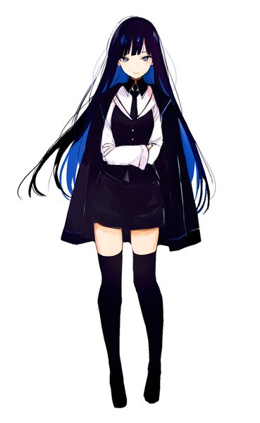 Anime picture 498x808 with original lpip single long hair tall image looking at viewer fringe blue eyes black hair simple background standing white background blue hair full body blunt bangs long sleeves multicolored hair open jacket two-tone hair zettai ryouiki