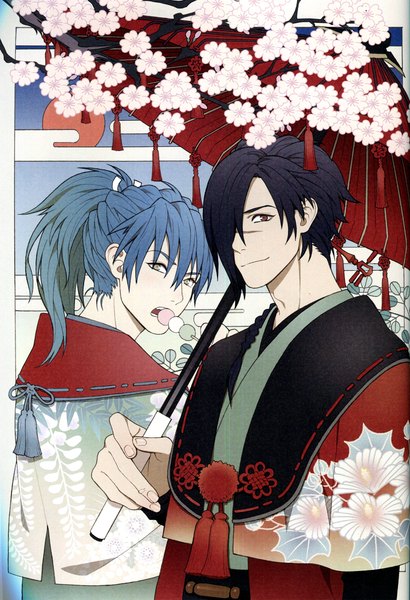 Anime picture 1500x2197 with dramatical murder nitro+chiral aoba (dmmd) koujaku honya lala long hair tall image looking at viewer fringe short hair open mouth smile brown eyes blue hair ponytail japanese clothes scan hair over one eye official art multiple boys
