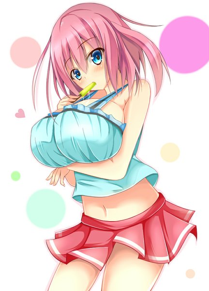 Anime picture 721x1000 with original yahiro (anhnw) single tall image looking at viewer blush short hair breasts blue eyes light erotic bare shoulders pink hair cleavage ponytail bare belly huge breasts side ponytail saliva girl skirt
