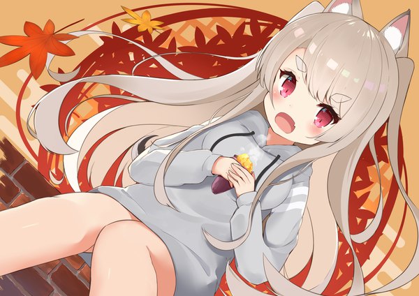 Anime picture 4961x3508 with azur lane yuudachi (azur lane) yomogi uehara single long hair looking at viewer blush highres open mouth red eyes sitting holding animal ears absurdres silver hair two side up dutch angle eyebrows dog ears girl