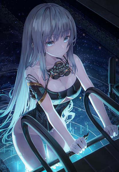 Anime-Bild 1108x1600 mit original ruda (ruda e) single long hair tall image looking at viewer fringe breasts blue eyes light erotic smile large breasts holding cleavage blunt bangs grey hair night partially submerged poolside goggles around neck