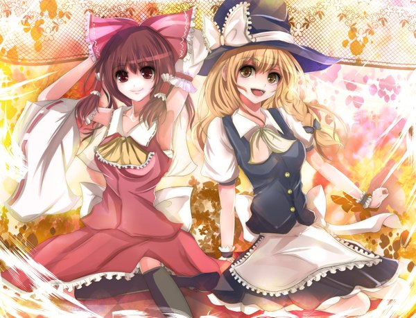 Anime picture 1569x1201 with touhou hakurei reimu kirisame marisa velia (artist) long hair looking at viewer blush open mouth blonde hair smile brown hair sitting multiple girls brown eyes braid (braids) armpit (armpits) side braid arms behind head girl skirt