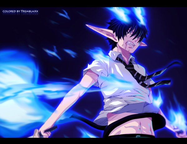 Anime picture 1000x769 with ao no exorcist a-1 pictures okumura rin tremblax single short hair black hair purple eyes pointy ears from below grin coloring magic letterboxed muscle angry boy weapon shirt sword