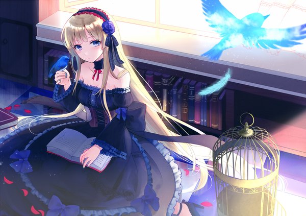 Anime picture 1700x1201 with original kashiwabara en single long hair looking at viewer blush fringe blue eyes blonde hair sitting bare shoulders indoors nail polish from above sunlight wide sleeves high heels puffy sleeves floating hair frilled dress