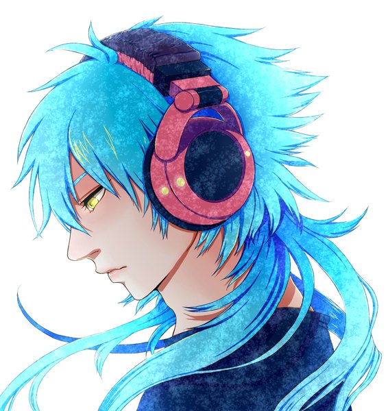 Anime picture 2124x2251 with dramatical murder nitro+chiral aoba (dmmd) saitou nekoichi blackzizi single long hair tall image highres simple background white background yellow eyes blue hair profile boy headphones