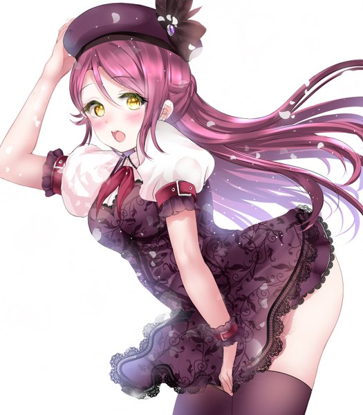 Anime picture 700x800 with love live! sunshine!! sunrise (studio) love live! sakurauchi riko ponytail korosuke single long hair tall image looking at viewer blush fringe open mouth light erotic simple background hair between eyes white background yellow eyes pink hair ass wind