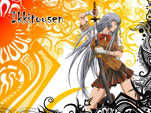 Anime picture 1280x960 with ikkitousen chouun shiryuu long hair silver hair eyes closed profile girl skirt weapon miniskirt sword