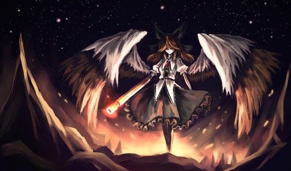 Anime picture 1755x1037 with touhou reiuji utsuho paseri single highres smile red eyes brown hair wide image sky arm cannon girl dress bow wings star (stars)