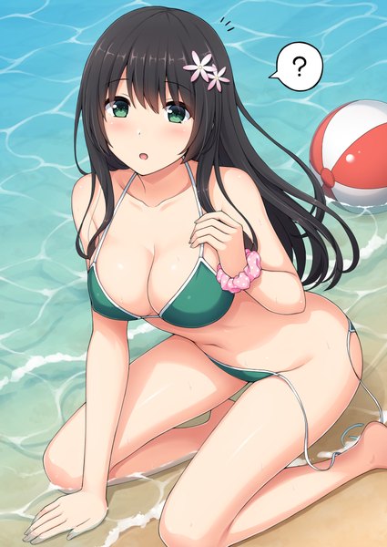 Anime picture 752x1062 with original nakamura sumikage single long hair tall image looking at viewer blush fringe breasts open mouth light erotic black hair hair between eyes bare shoulders green eyes payot full body bent knee (knees) outdoors hair flower
