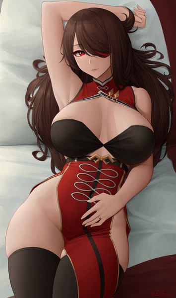 Anime picture 3768x6376 with genshin impact beidou (genshin impact) zaphn single long hair tall image looking at viewer fringe highres breasts light erotic red eyes brown hair large breasts signed absurdres lying traditional clothes arm up from above