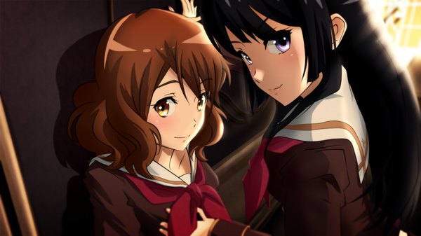 Anime picture 2844x1600 with hibike! euphonium kyoto animation kousaka reina oumae kumiko genya (genya67) long hair looking at viewer highres black hair brown hair wide image purple eyes multiple girls brown eyes girl uniform 2 girls school uniform