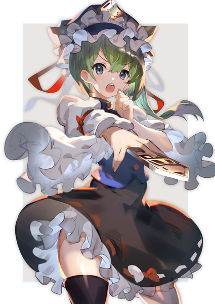 Anime picture 1003x1416 with touhou shikieiki yamaxanadu uu uu zan single tall image fringe short hair open mouth blue eyes hair between eyes green hair teeth :o outstretched arm different thighhighs girl thighhighs skirt hat black skirt