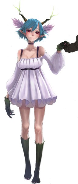 Anime picture 1476x3461 with c: the money of soul and possibility control q (control) single tall image short hair simple background red eyes white background blue hair looking away light smile pointy ears holding hands girl dress gloves detached sleeves choker thigh boots