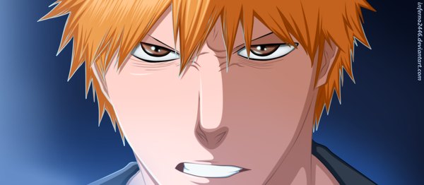 Anime picture 2325x1019 with bleach studio pierrot kurosaki ichigo inferno2446 single highres short hair wide image brown eyes orange hair grin coloring close-up blue background face angry boy