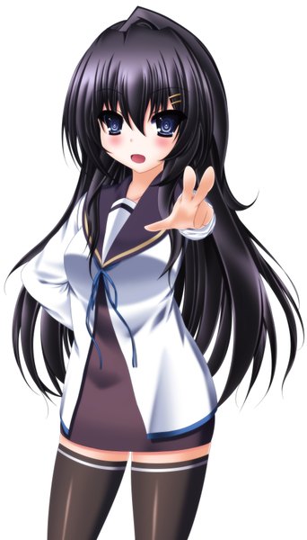 Anime picture 2000x3500 with toyokawa itsuki (p mayuhime) single long hair tall image looking at viewer blush highres open mouth blue eyes black hair simple background white background girl thighhighs hair ornament black thighhighs hairclip