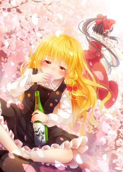 Anime picture 1000x1394 with touhou hakurei reimu kirisame marisa sakuyabm long hair tall image blush black hair blonde hair multiple girls yellow eyes ponytail girl dress flower (flowers) bow 2 girls hair bow detached sleeves petals