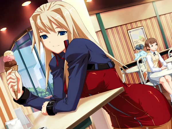 Anime picture 1024x768 with routes leaf (studio) lisa vixen blue eyes blonde hair game cg girl food sweets ice cream