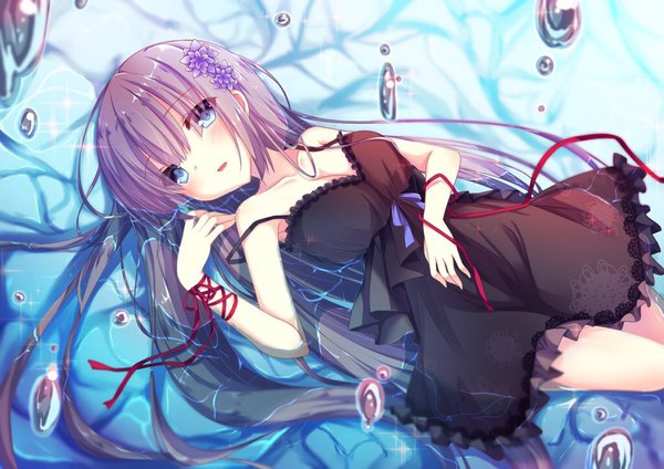 Anime picture 1024x724 with original muku (apupop) single long hair looking at viewer blush fringe blue eyes light erotic cleavage purple hair lying parted lips hair flower girl dress flower (flowers) ribbon (ribbons) water frills