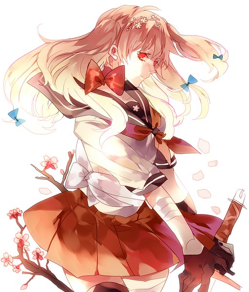 Anime picture 700x821 with original manbou no shigai single long hair tall image fringe blonde hair red eyes white background holding looking away ahoge head tilt pleated skirt wind zettai ryouiki cherry blossoms different thighhighs girl thighhighs
