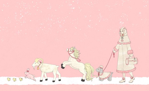 イラスト 1250x768 と オリジナル eris simple background wide image snowing 女の子 手袋 動物 鳥 フード 鞄 うさぎ 犬 冬服 horse