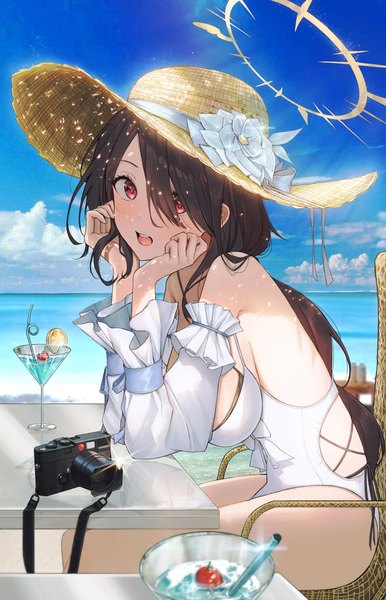 Anime picture 4500x7000 with blue archive hinata (blue archive) hinata (swimsuit) (blue archive) kuren kren single long hair tall image looking at viewer fringe highres open mouth light erotic red eyes brown hair sitting absurdres sky cloud (clouds) hair over one eye sparkle