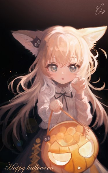 Anime picture 1550x2489 with the legend of luo xiaohei arknights suzuran (arknights) heixiu qingye tuanzi single long hair tall image fringe simple background blonde hair hair between eyes holding animal ears :o loli fox ears text black background halloween