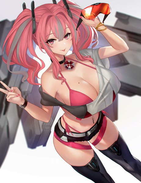 Anime picture 832x1080 with azur lane bremerton (azur lane) edward montenegro single long hair tall image looking at viewer blush fringe light erotic simple background smile hair between eyes standing twintails bare shoulders holding payot pink hair nail polish