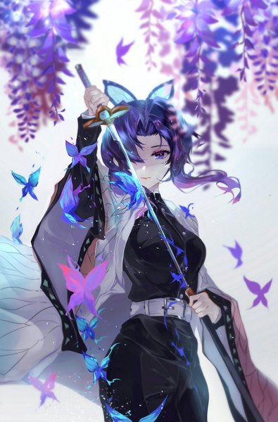 Anime picture 1448x2200 with kimetsu no yaiba ufotable kochou shinobu vardan single tall image looking at viewer fringe short hair breasts simple background smile standing white background purple eyes holding payot purple hair traditional clothes japanese clothes