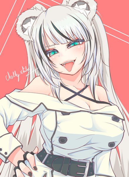 Anime-Bild 2225x3040 mit virtual youtuber indie virtual youtuber nally (vtuber) cube85 single long hair tall image highres breasts open mouth light erotic simple background smile bare shoulders animal ears cleavage silver hair nail polish head tilt multicolored hair