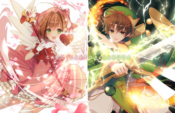 Anime picture 1200x774 with card captor sakura clamp kinomoto sakura li xiaolang necomi (gussan) looking at viewer short hair open mouth brown hair brown eyes green eyes ahoge copyright name magic multiview white wings magical girl girl thighhighs boy