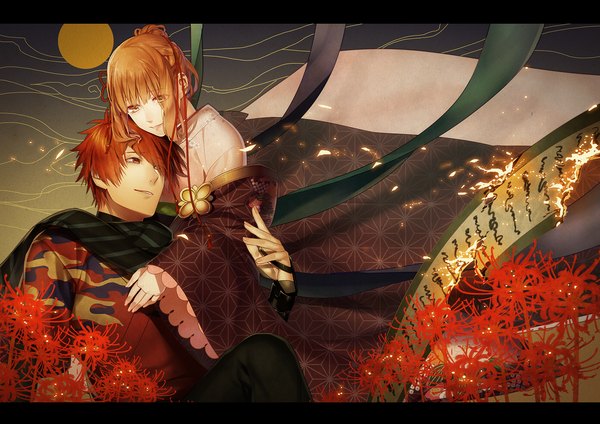 Anime picture 2000x1415 with uta no prince-sama a-1 pictures nanami haruka (uta no prince-sama) ittoki otoya haruno ake highres short hair smile red eyes cloud (clouds) red hair traditional clothes japanese clothes light smile orange hair orange eyes hug floral print girl boy