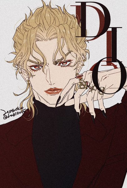 Anime picture 1117x1654 with jojo no kimyou na bouken dio brando hagiko single tall image looking at viewer short hair blonde hair red eyes signed upper body fingernails grey background sparkle character names lipstick piercing ear piercing long fingernails eyeshadow