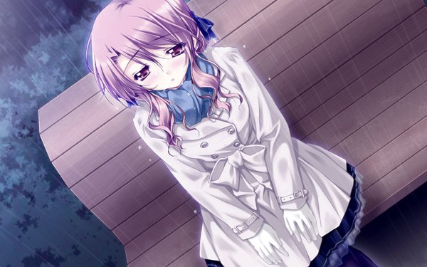 Anime picture 1024x640 with hatsukoi yohou (game) long hair blush red eyes brown hair wide image game cg rain girl