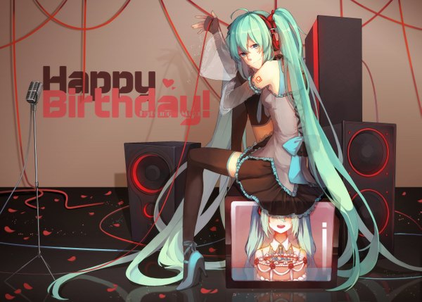 Anime picture 2909x2081 with vocaloid hatsune miku ovos single highres sitting twintails very long hair aqua eyes aqua hair girl thighhighs skirt ribbon (ribbons) black thighhighs detached sleeves miniskirt petals shoes headphones