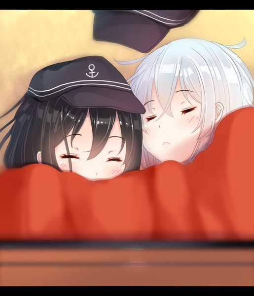 Anime picture 1303x1517 with kantai collection hibiki destroyer akatsuki destroyer kiyomin long hair tall image blush fringe black hair hair between eyes multiple girls silver hair ahoge lying eyes closed from above letterboxed sleeping hat removed under the table