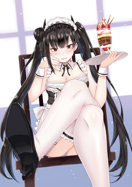 Anime picture 1200x1697 with girls frontline ouroboros (girls frontline) coffeedog single tall image looking at viewer blush fringe breasts light erotic black hair red eyes sitting twintails bare shoulders holding payot cleavage indoors blunt bangs