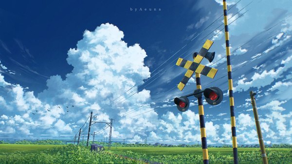 Anime picture 1440x810 with original aeuna wide image signed sky cloud (clouds) outdoors no people scenic field railroad crossing animal bird (birds) power lines pole