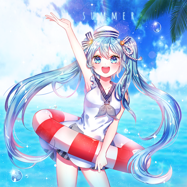 Anime-Bild 900x900 mit vocaloid hatsune miku shina (sbk951121) single looking at viewer blush fringe open mouth blue eyes smile hair between eyes standing twintails holding payot blue hair sky cloud (clouds) outdoors very long hair