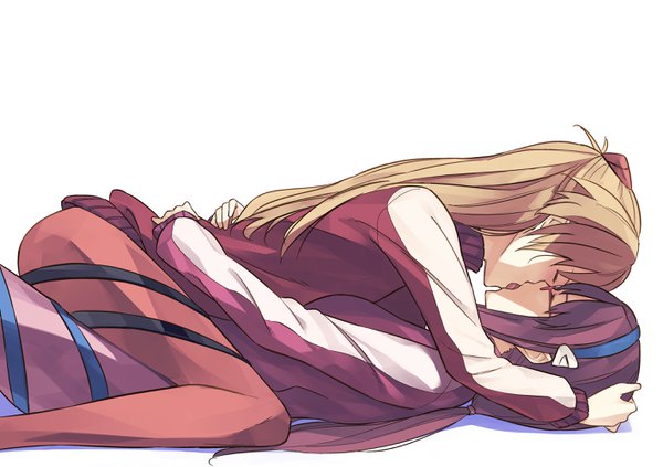 Anime picture 2833x2000 with neon genesis evangelion gainax soryu asuka langley shikinami asuka langley makinami mari illustrious nakamura (marakimi) long hair blush fringe highres light erotic blonde hair simple background brown hair white background twintails multiple girls bent knee (knees) lying eyes closed